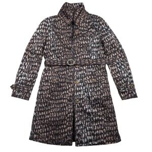 Samuel Dong Women's M Print Belted Trench Coat Brown Gray Button Zip Up‎ Pockets